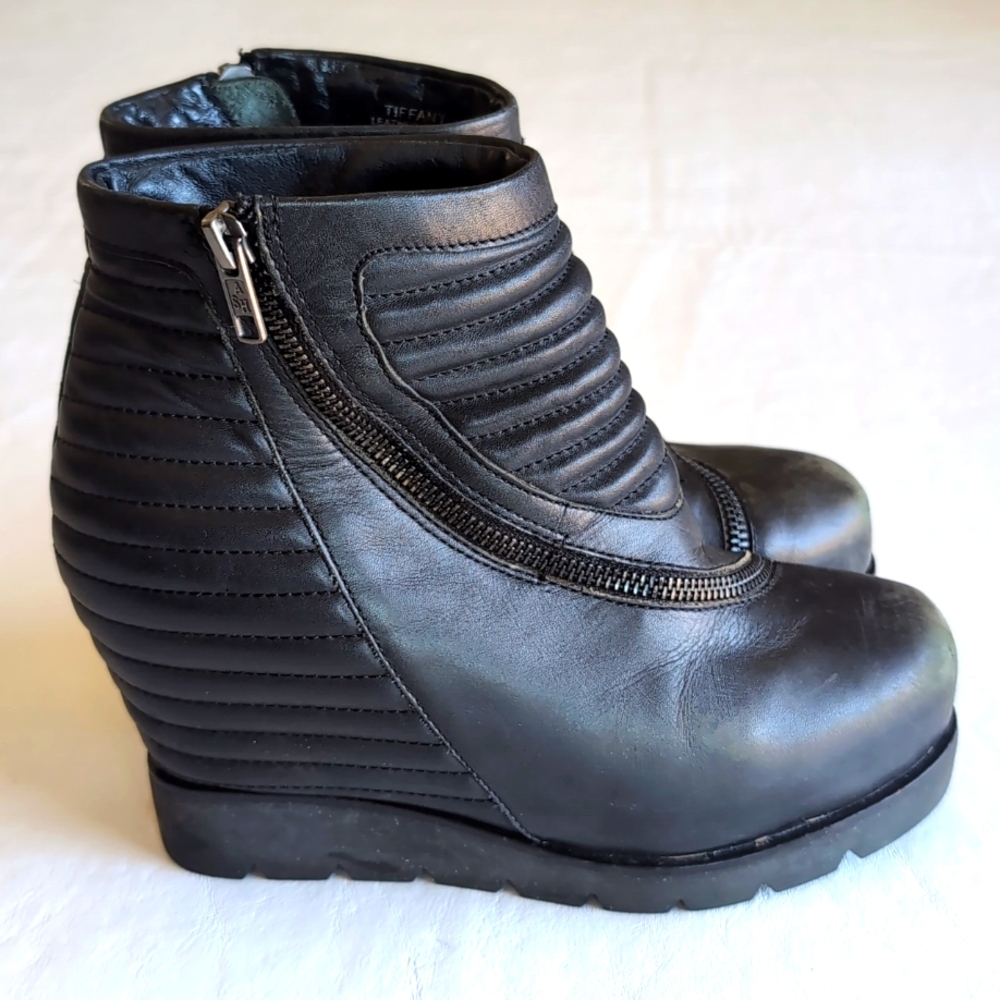 ASH Tiffany Black Leather Wedge Moto Zipper Boot Women's Size 37 - Picture 3 of 10